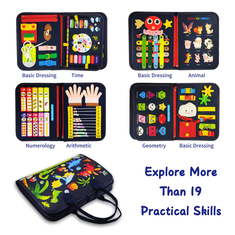 LearnToy Montessori Busy Board shoelace page helps toddlers practice tying while traveling