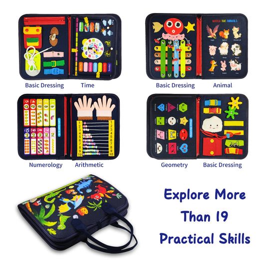LearnToy Montessori Busy Board shoelace page helps toddlers practice tying while traveling
