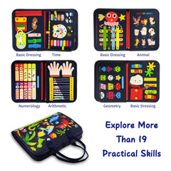 LearnToy Montessori Busy Board shoelace page helps toddlers practice tying while traveling