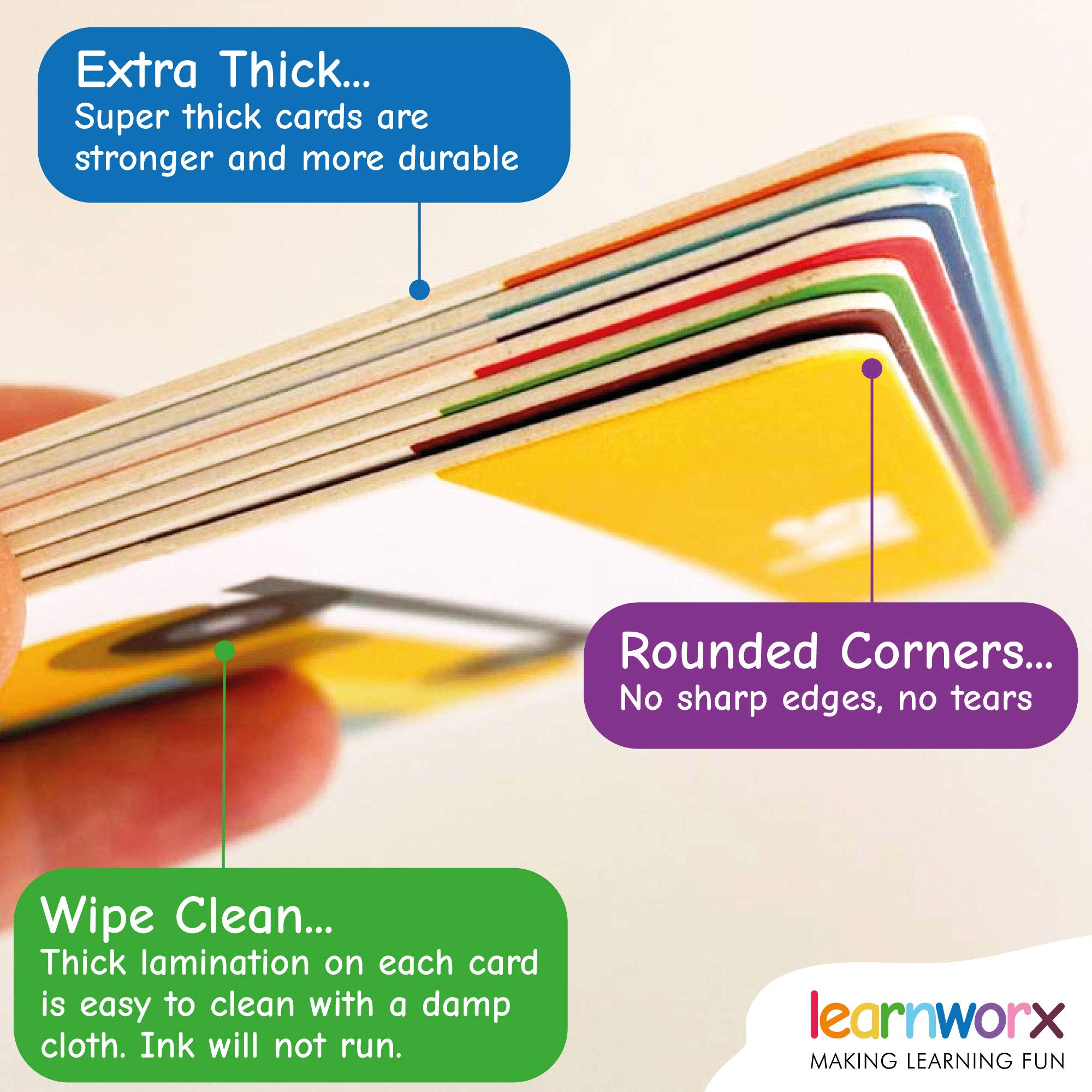 LearnWorx cards sized 5 by 3.7 inches for easy handling by little hands.