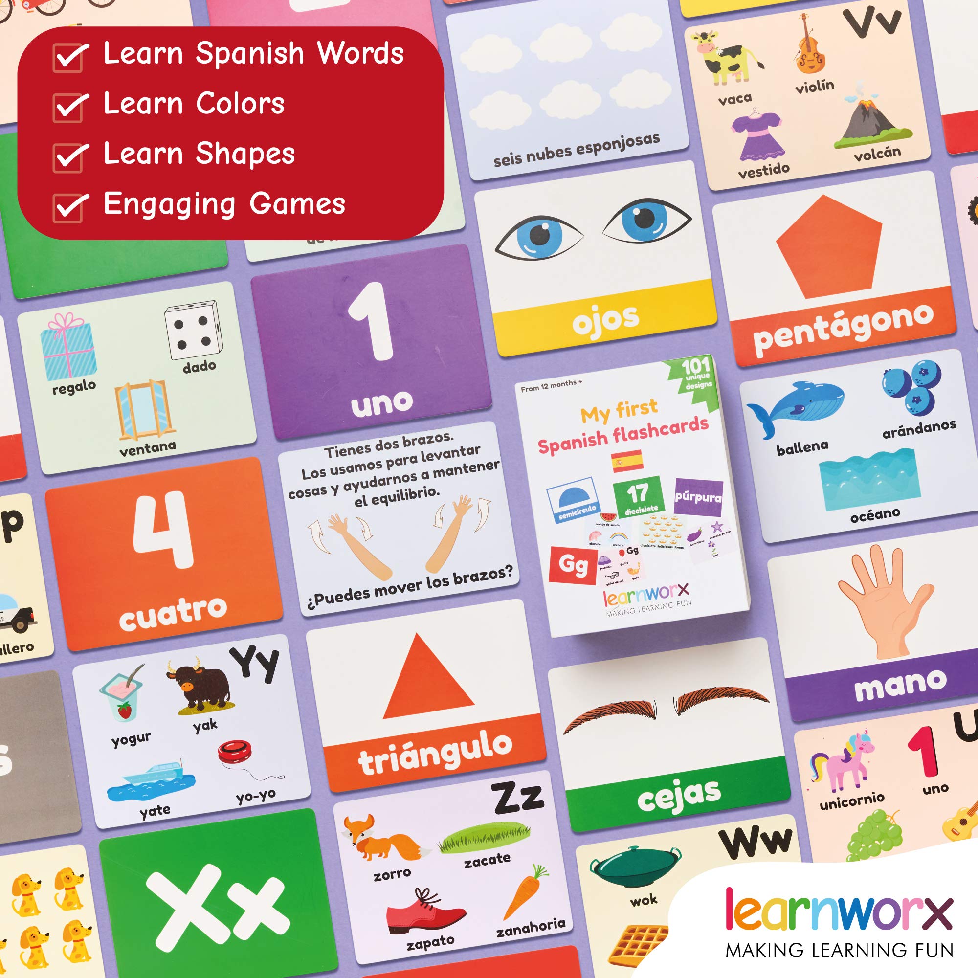 Learnworx Spanish flash cards thick stock durable and easy to wipe clean