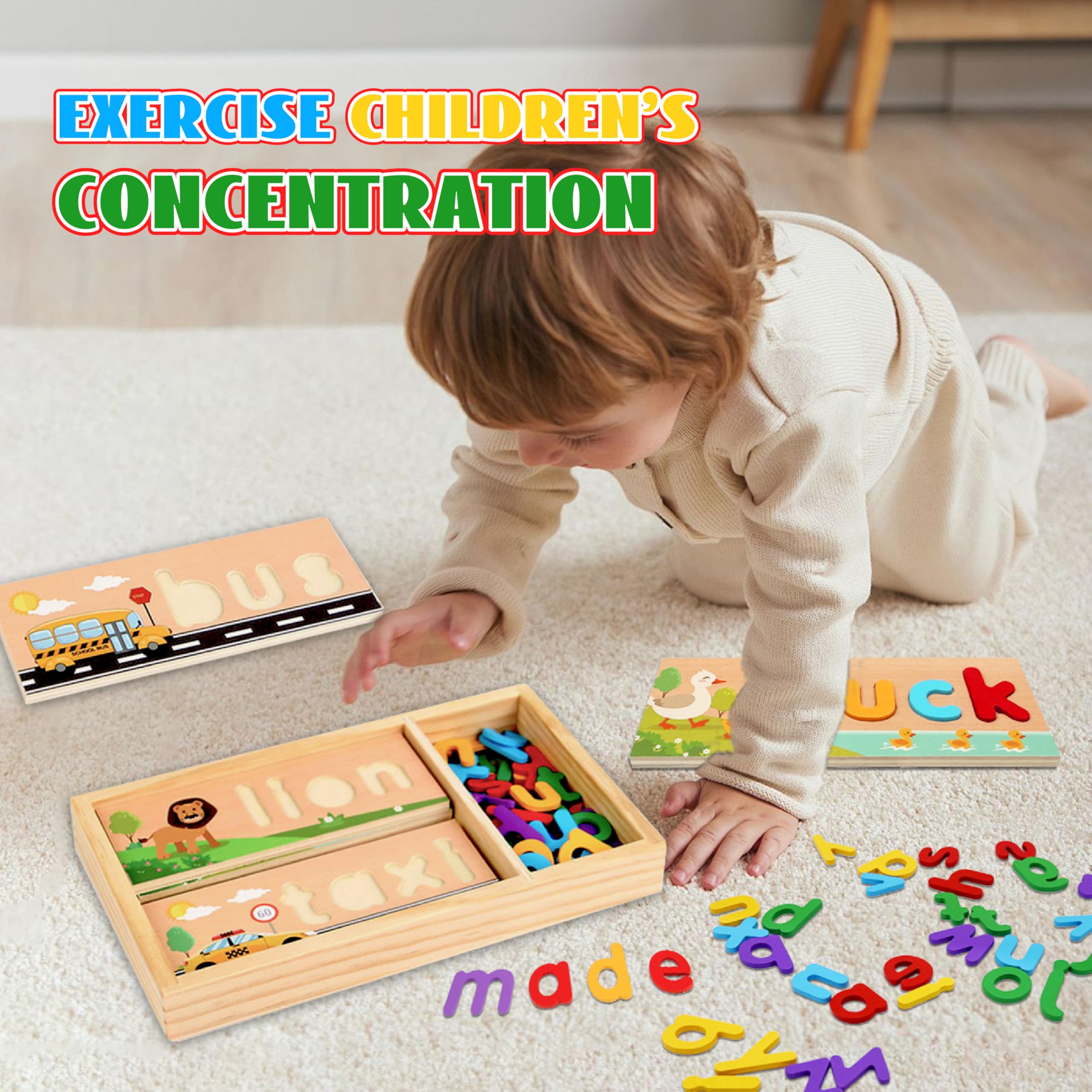 Lechonix 52 color letter blocks help connect scenes to words.