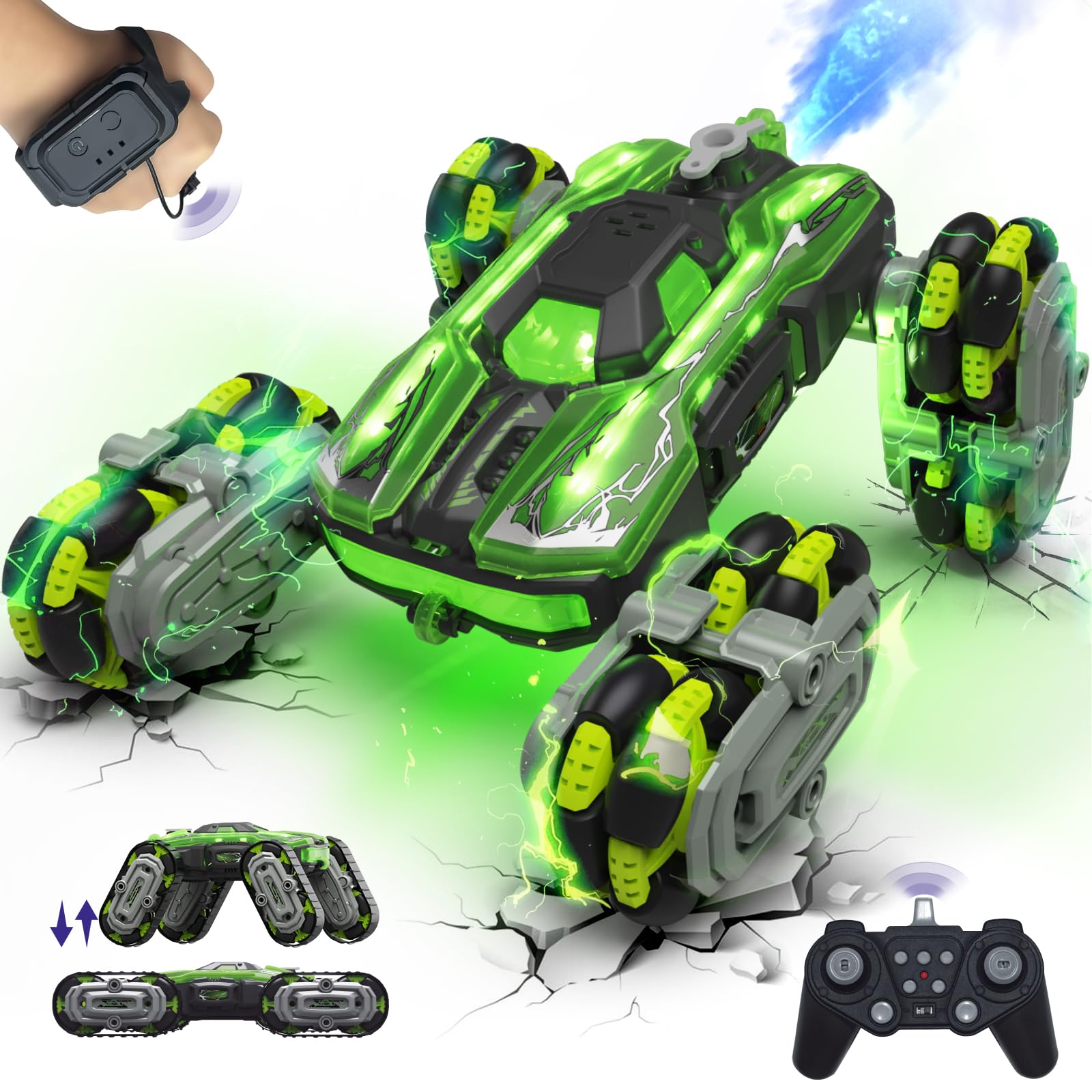 LECPOP 8WD RC car performing a dual-sided stunt during indoor play
