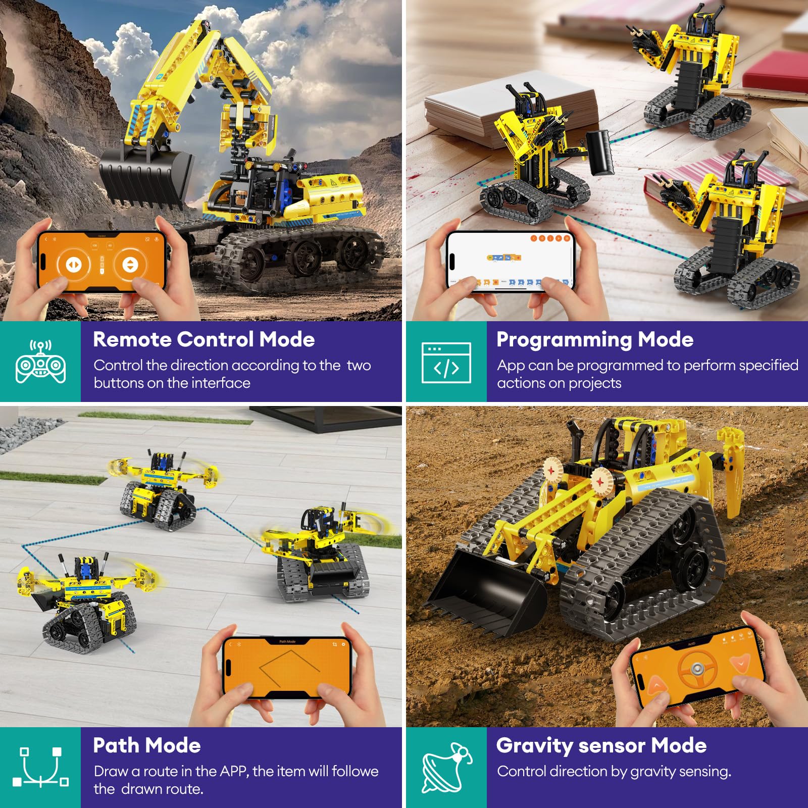 LECPOP RC excavator during play with remote control shows interactive steering.