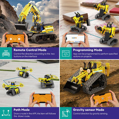 LECPOP RC excavator during play with remote control shows interactive steering.