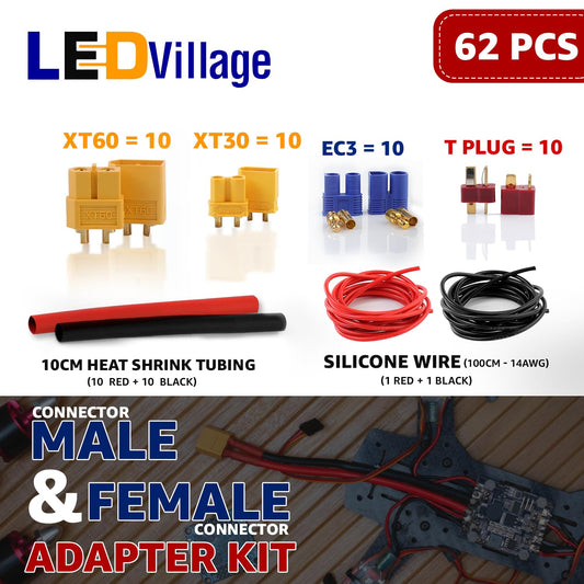 Ledvillage 62pcs kit – XT30 connectors for efficient LiPo battery setups and lightweight drone builds.