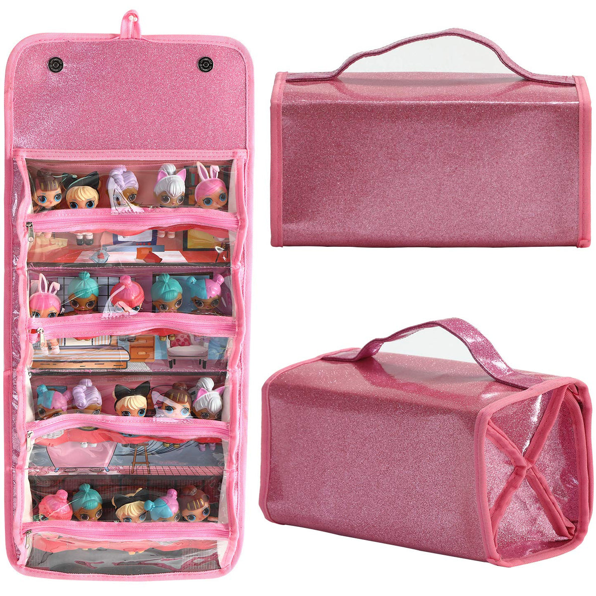 Leeche doll storage display foldout pink for easy viewing and organization.