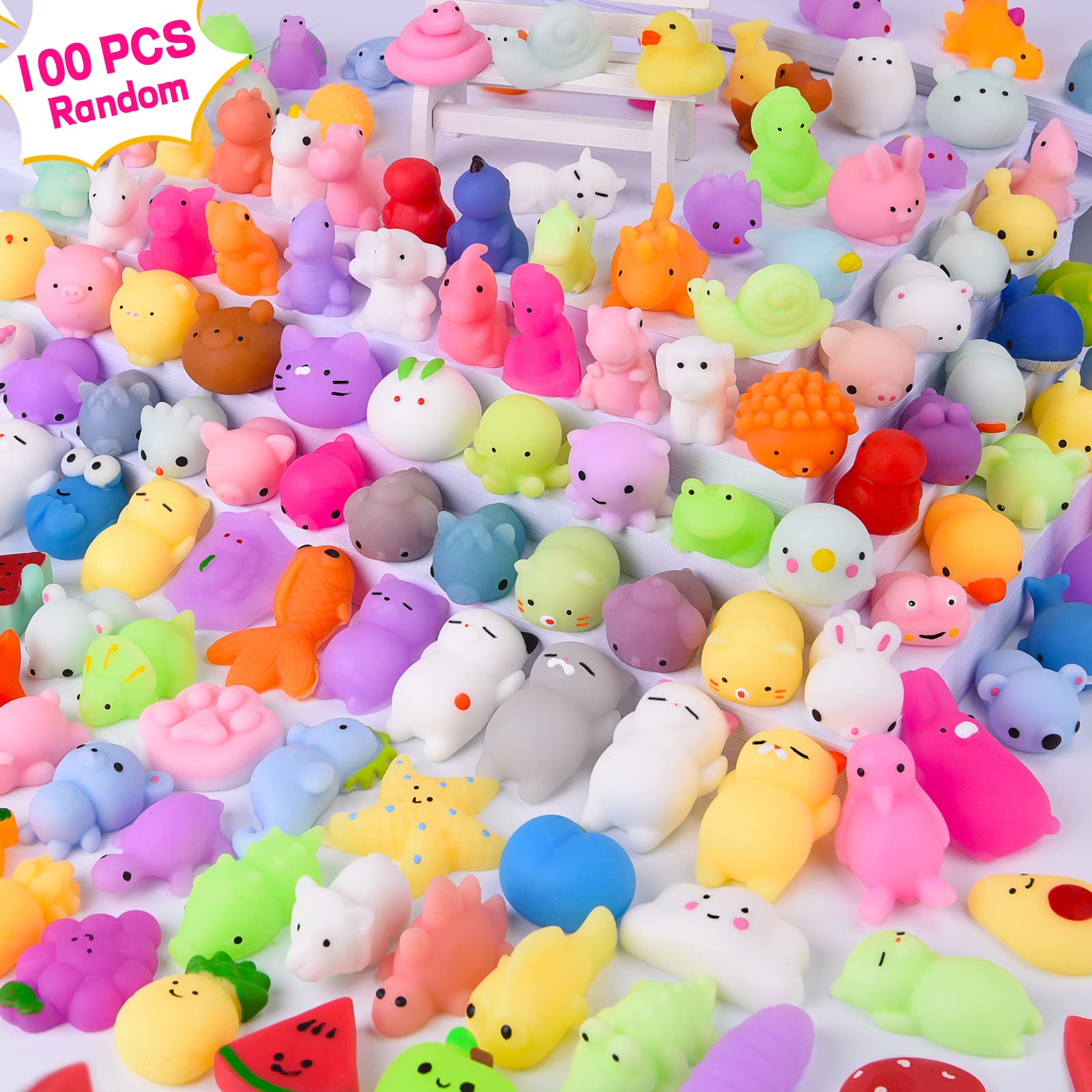 LEEHUR 100pcs kawaii squishies assortment for varied shapes and textures for stress relief and play