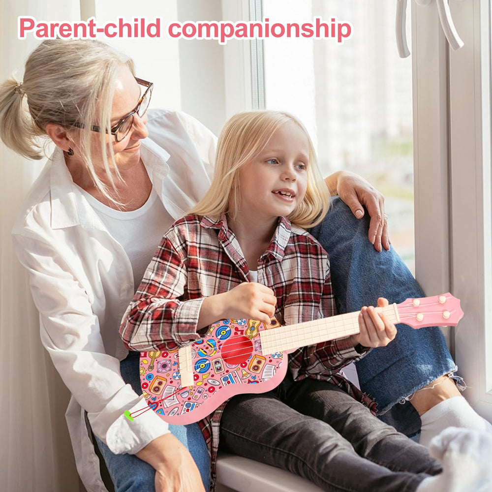 LeeQee ukulele with picks highlighting included learning accessories