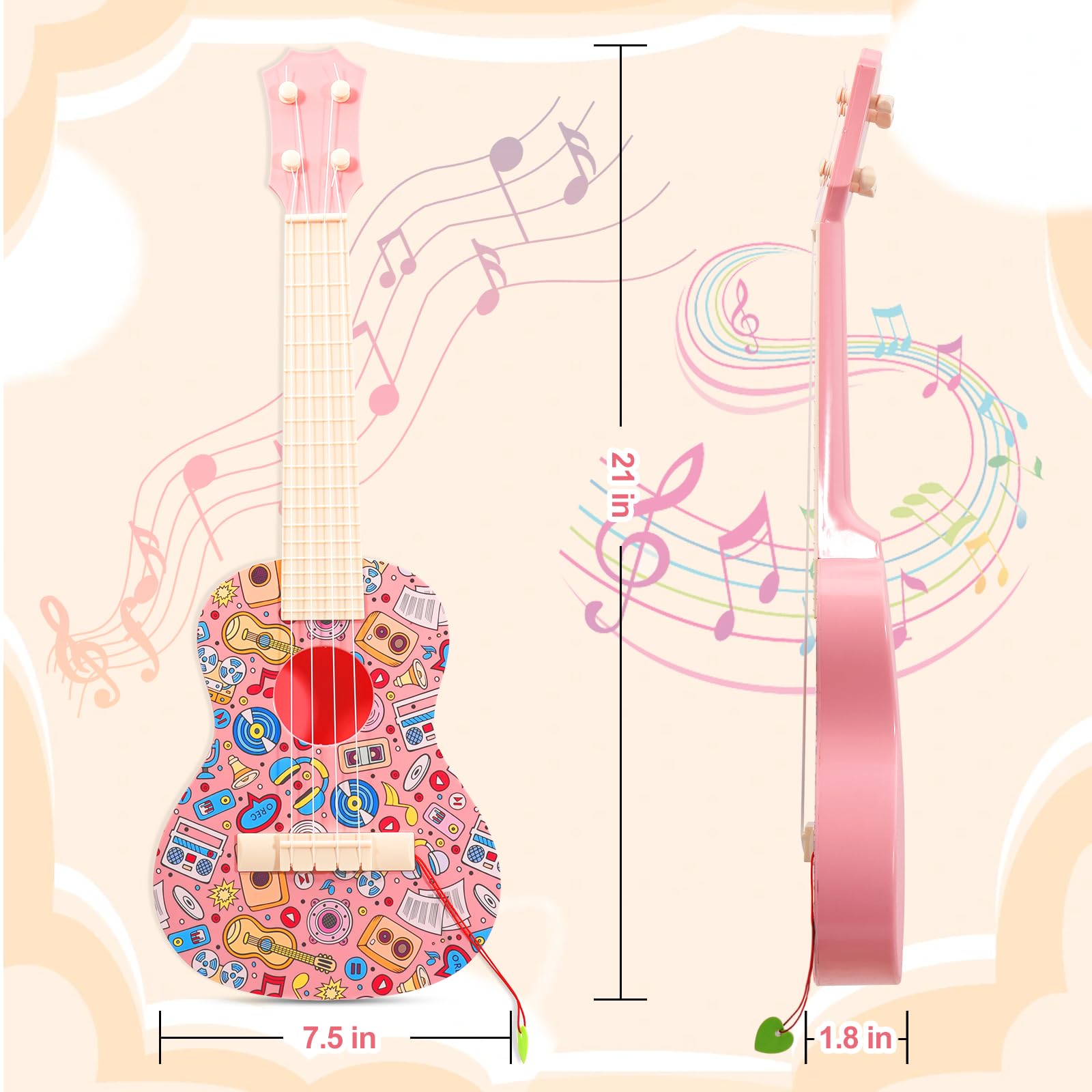 LeeQee ukulele side view with bright artwork easy grip for small hands