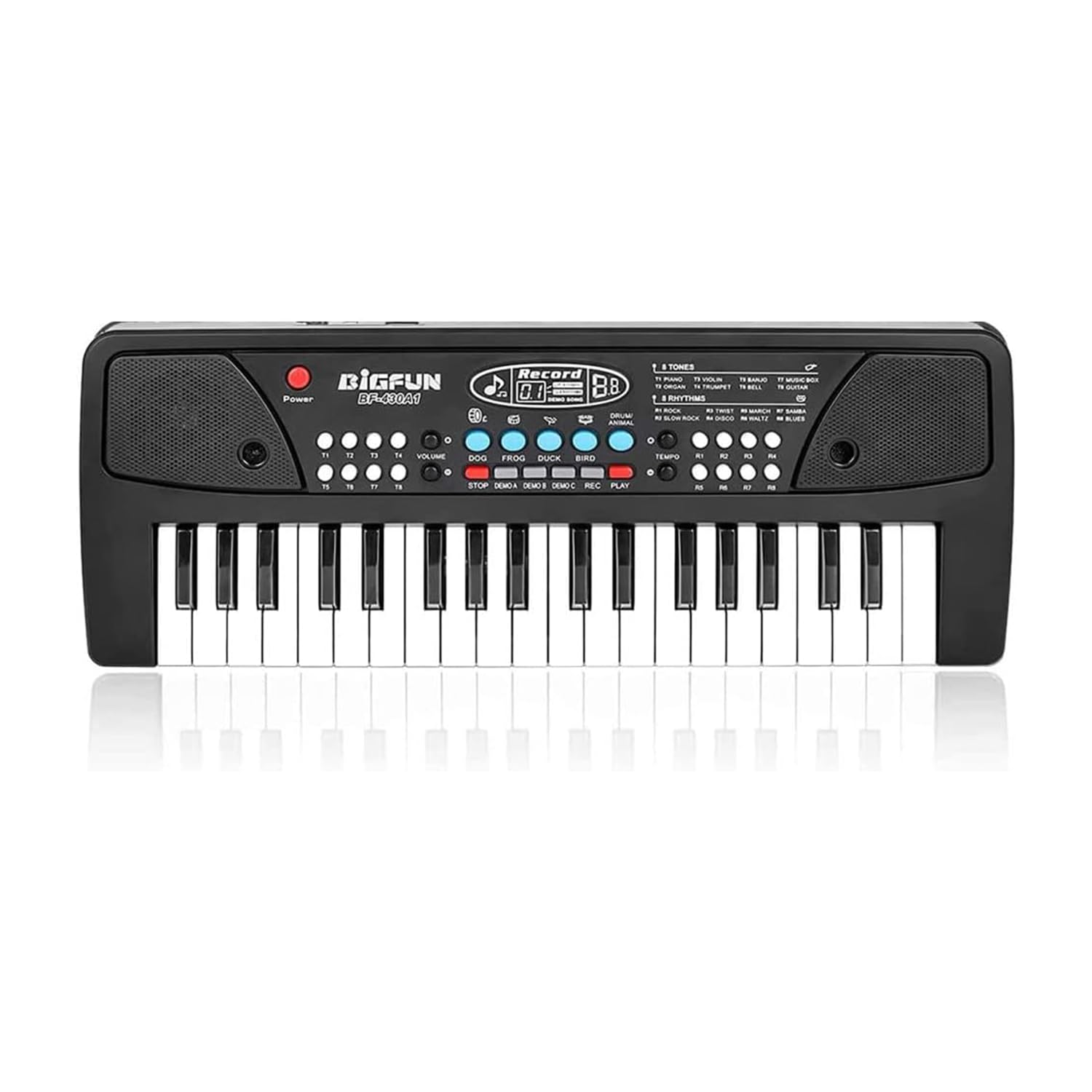 LeeQee Black 37 Keys Kids Piano front view highlights portable design for on-the-go play.