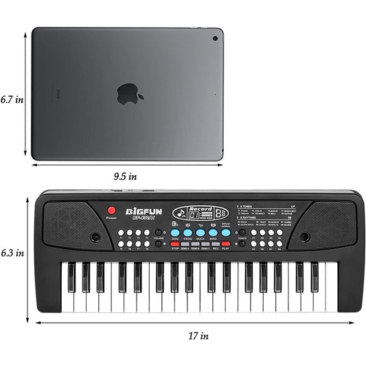 LeeQee Black 37 Keys Kids Piano side view shows compact size for easy storage.