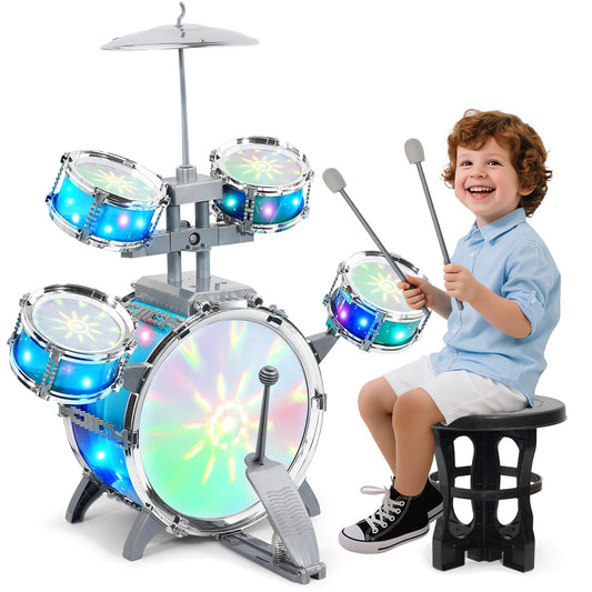 LeeQee Kids Drum Set with bass drum and foot pedal for rhythmic growth