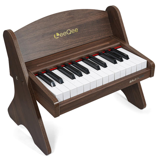 LeeQee Kids Piano Keyboard 25-key wooden frame invites beginner exploration.
