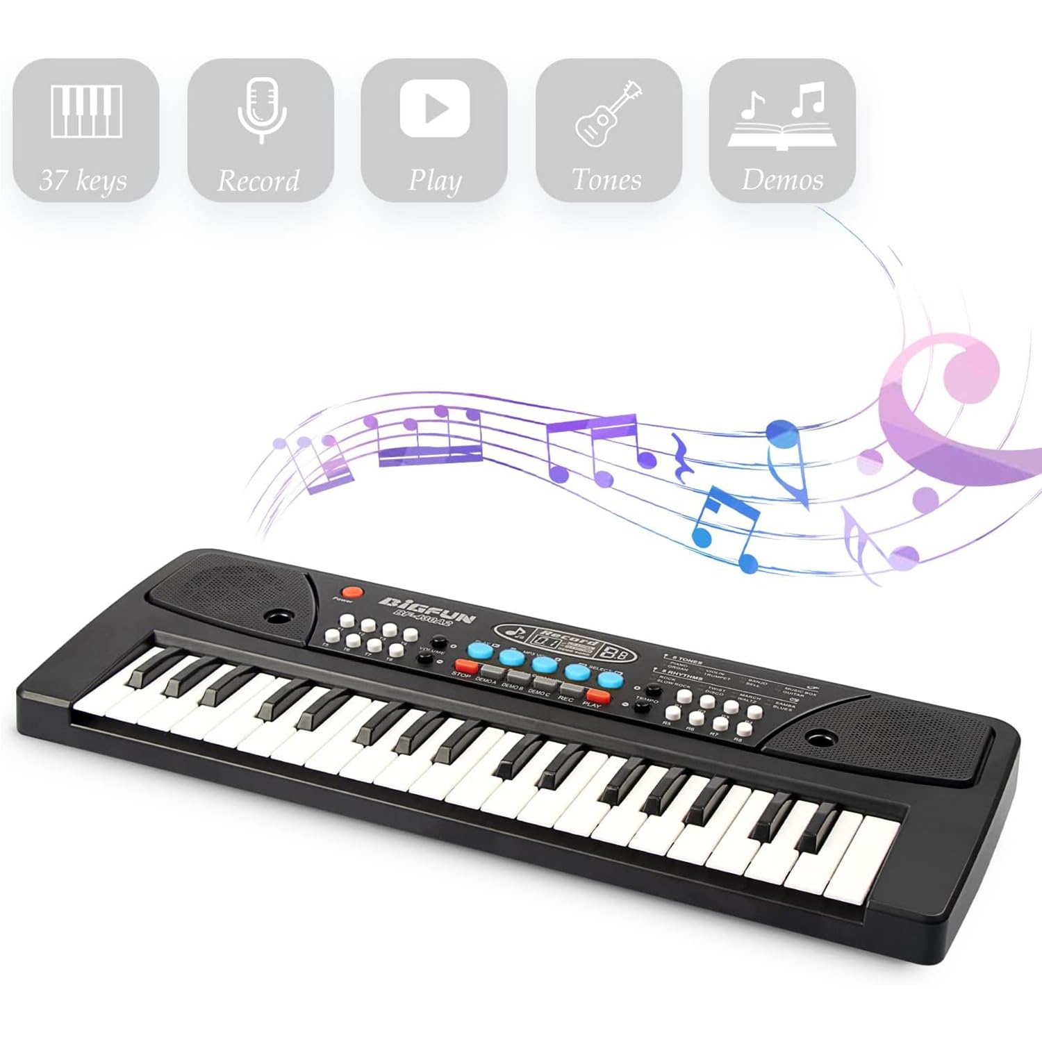 LeeQee Kids Piano microphone feature invites singing along during practice sessions.