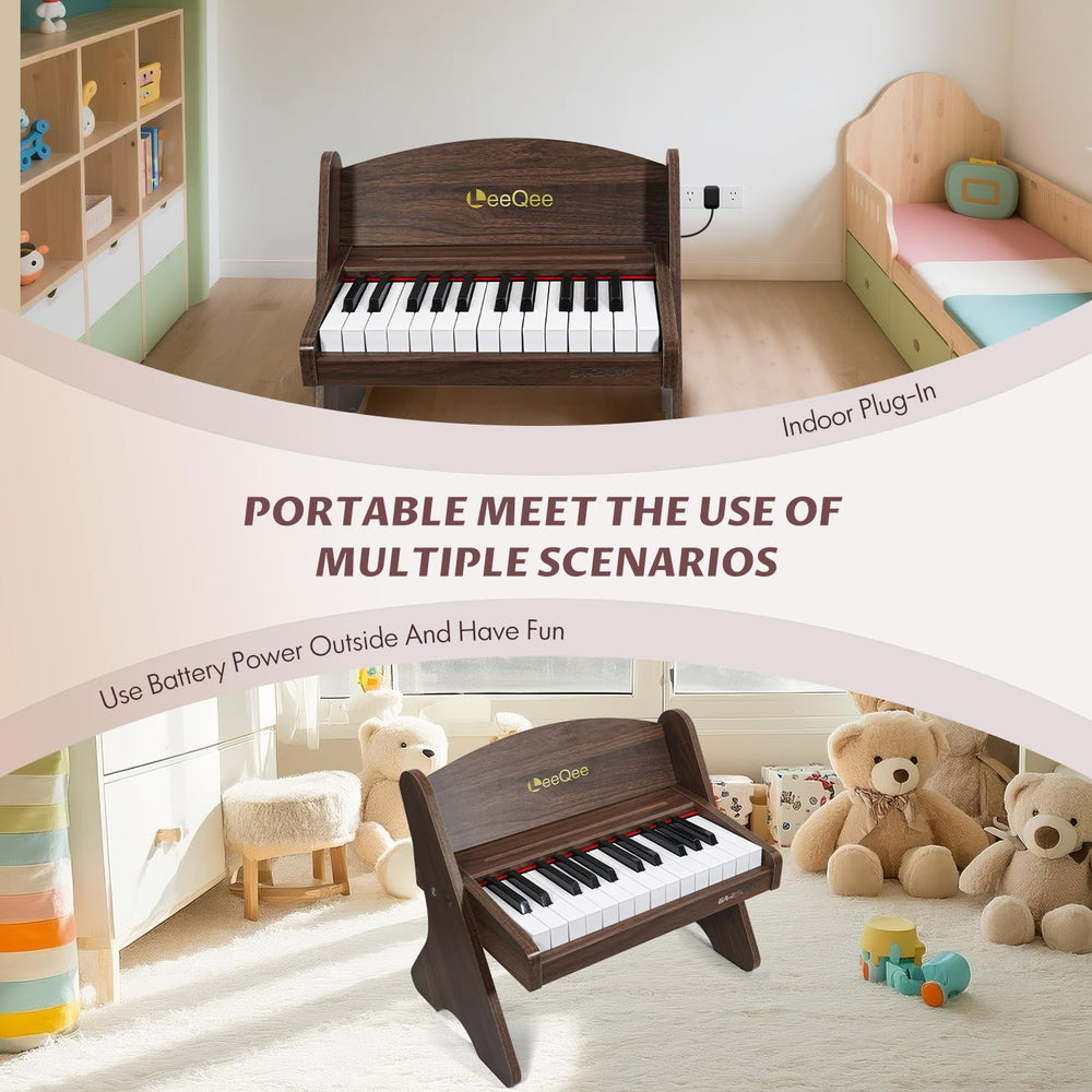 LeeQee dual-power piano uses batteries or outlet for versatile play sessions.