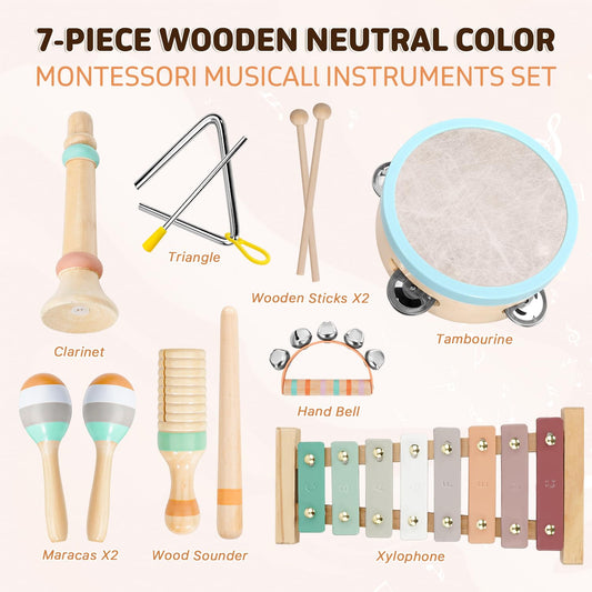 LeeQee wooden music instruments set encourages sensory exploration through sound and fine motor play.
