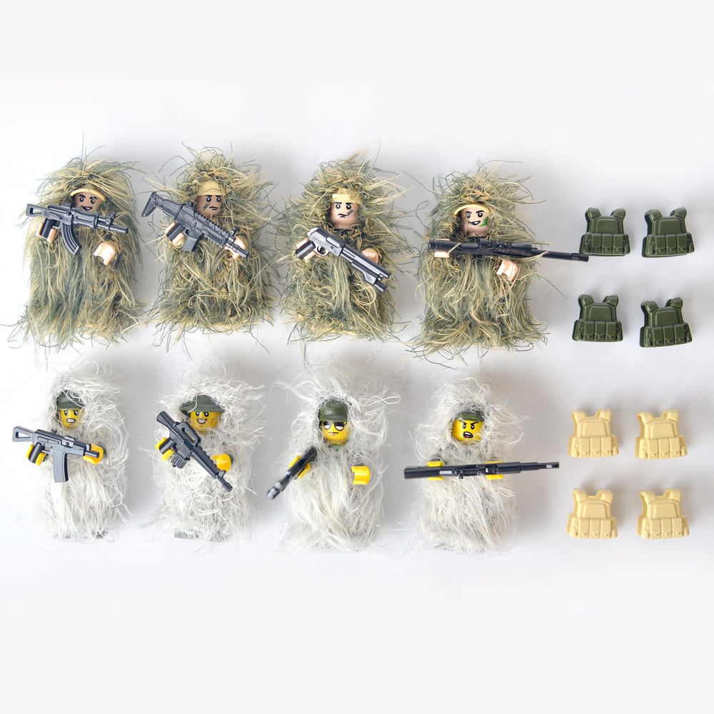 Leerfei military camouflage soldiers set with eight figures for versatile jungle and snowfield play.