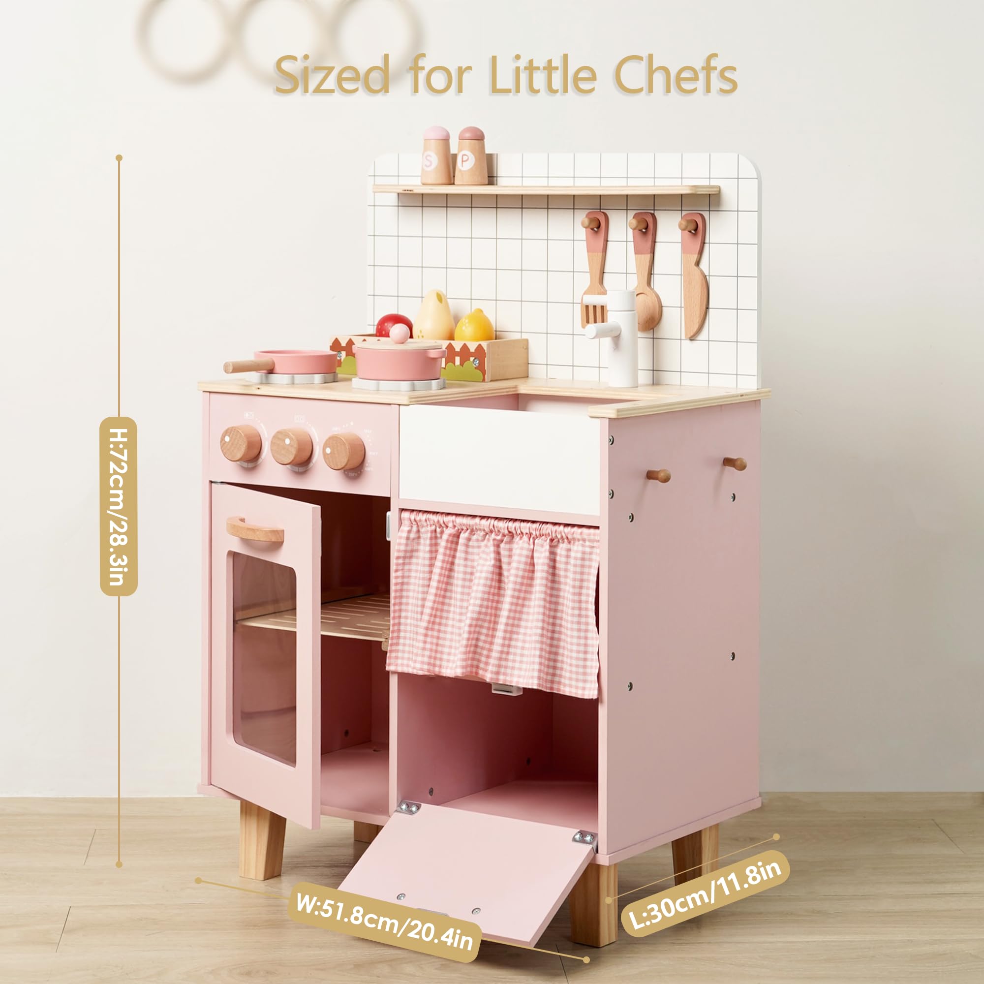 Leeshyah pink wooden play kitchen quick-assembly instructions included.
