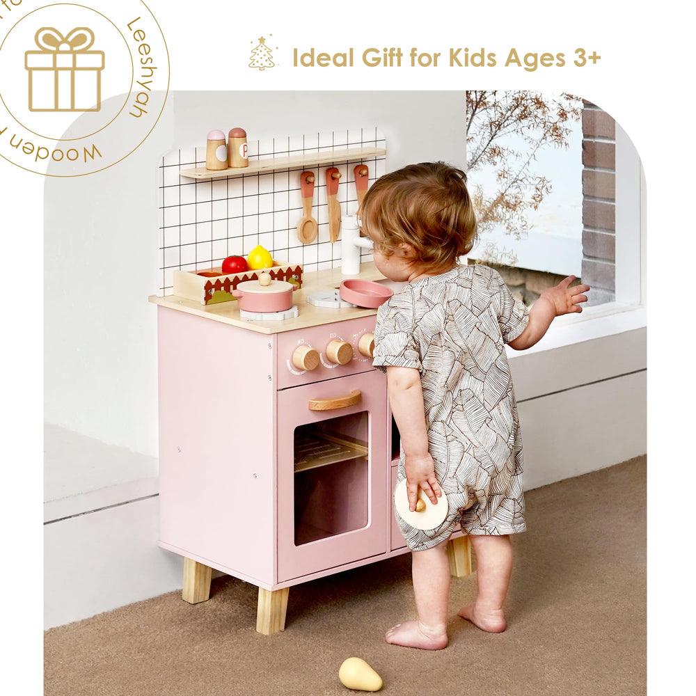 Leeshyah pink wooden play kitchen faucet detail for realistic pretend play.