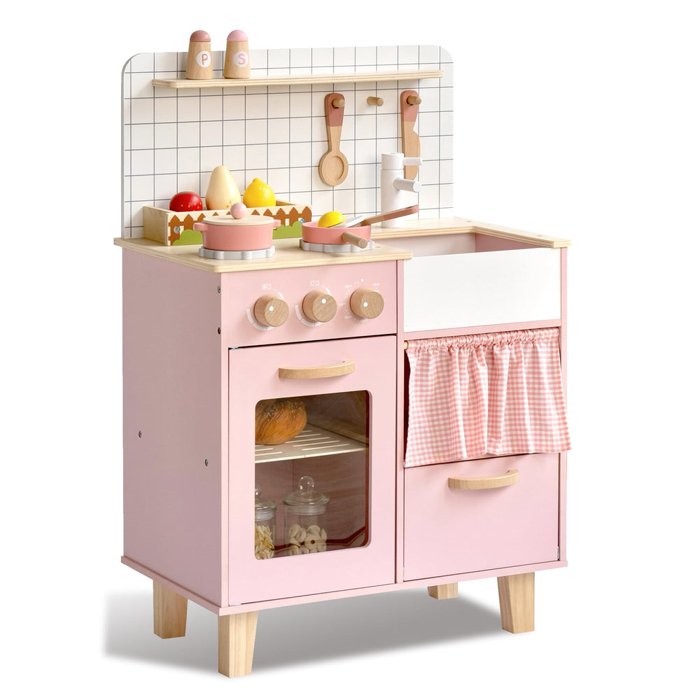 Leeshyah pink wooden play kitchen front view highlighting compact modern design.