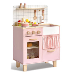 Leeshyah pink wooden play kitchen front view highlighting compact modern design.