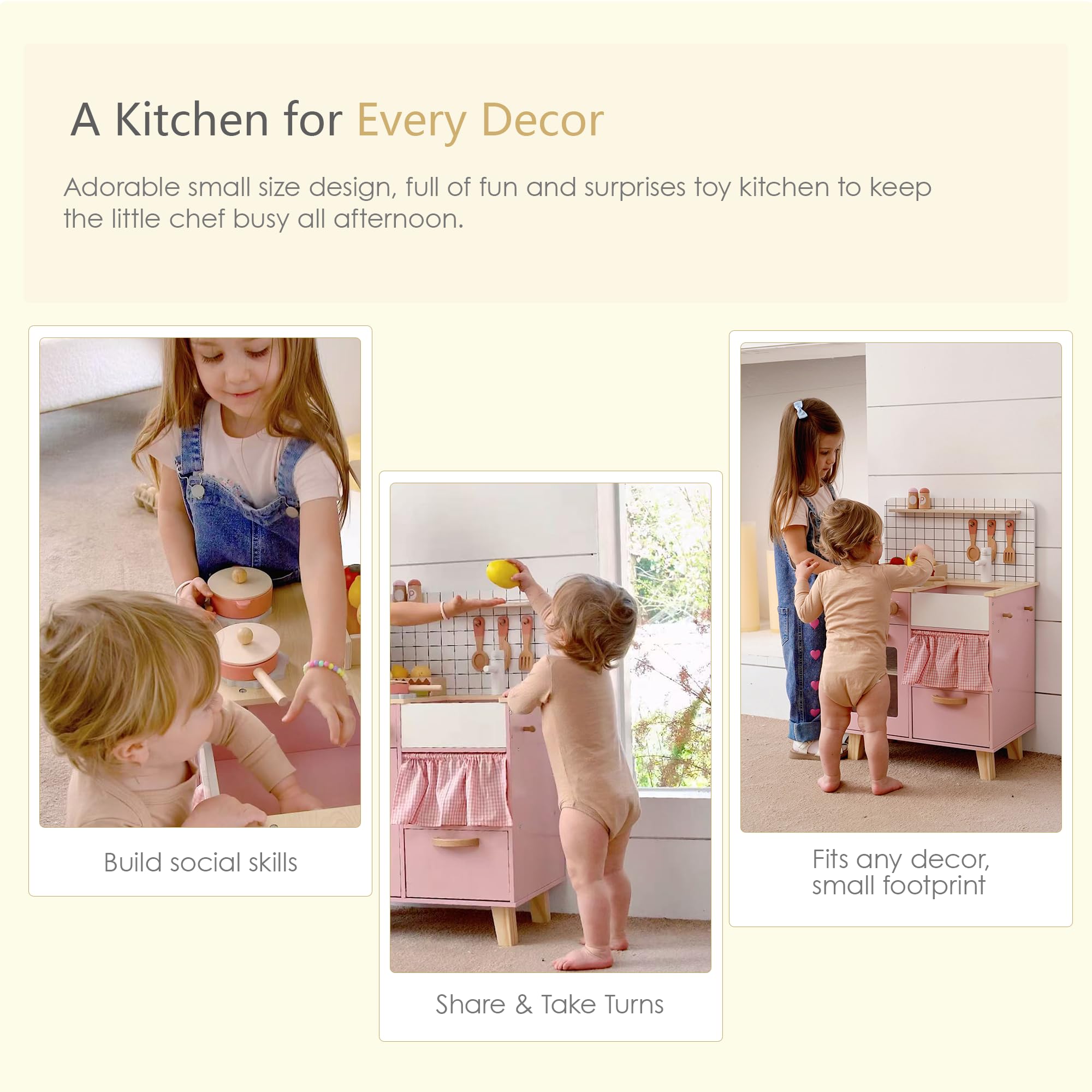 Leeshyah pink wooden play kitchen storage compartments encourage tidy playtime.