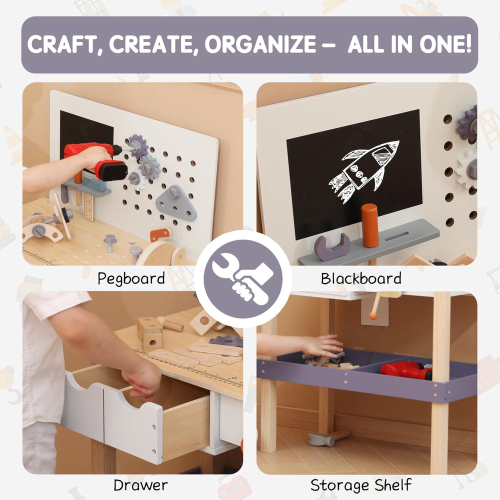 Leeshyah tool bench with storage drawers helps keep play areas organized and tidy.
