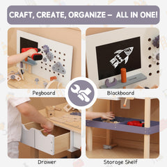 Leeshyah tool bench with storage drawers helps keep play areas organized and tidy.