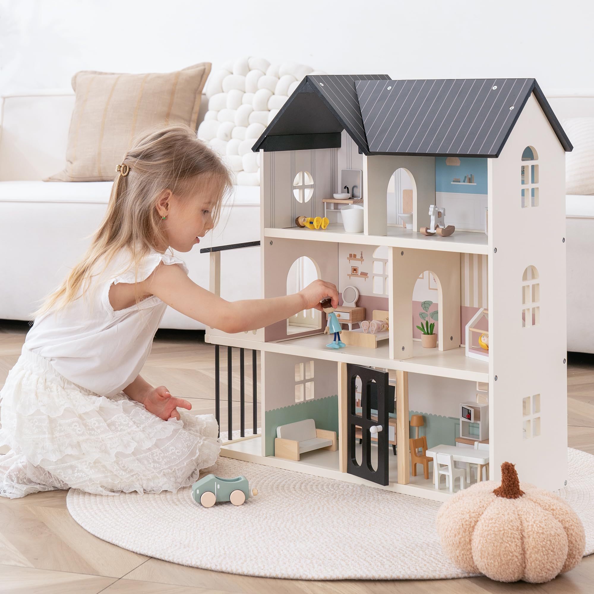 Leeshyah wooden dollhouse front view for immersive pretend play with durable build.