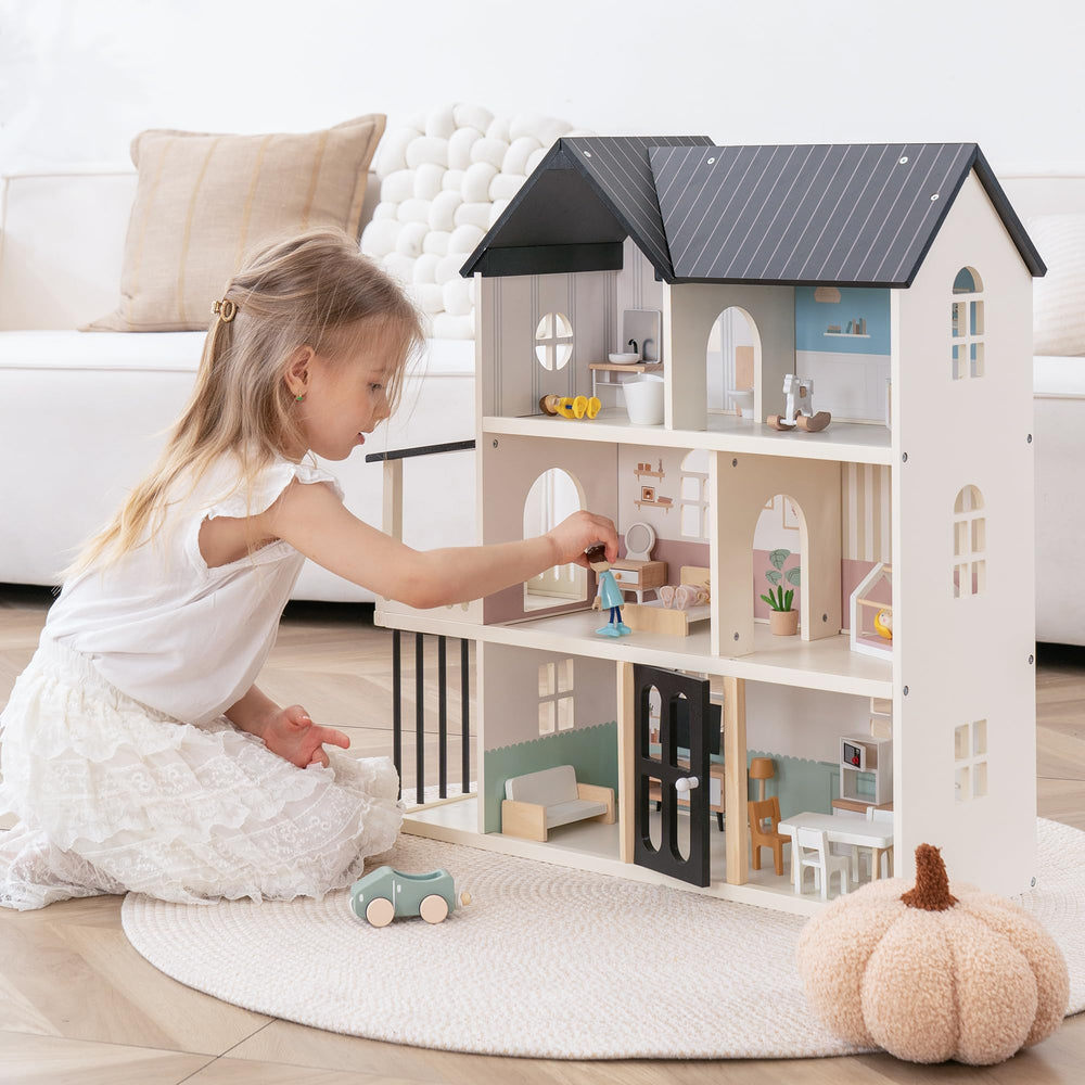 Leeshyah wooden dollhouse front view for immersive pretend play with durable build.