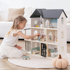 Leeshyah wooden dollhouse front view for immersive pretend play with durable build.