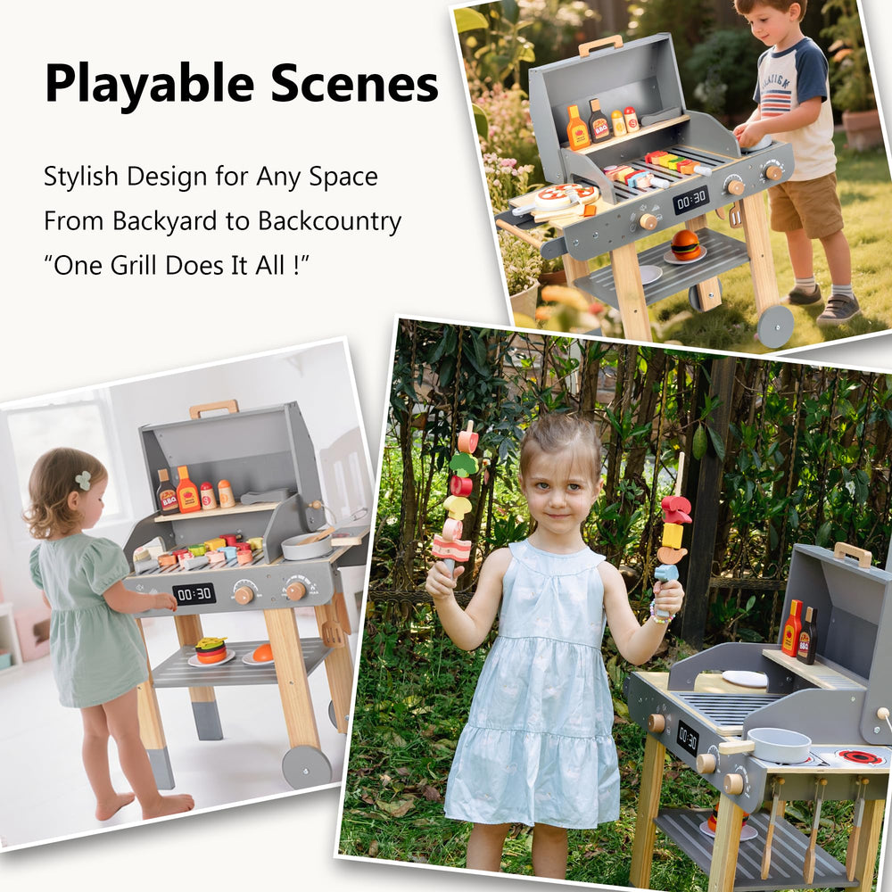 Child playing with Leeshyah grill set encouraging social play and coordination.