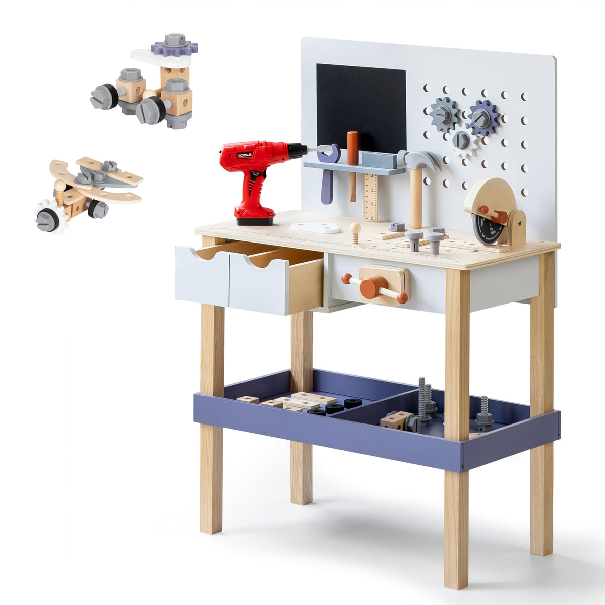 Leeshyah wooden kids tool bench with electric drill supports imaginative play and motor skill growth.