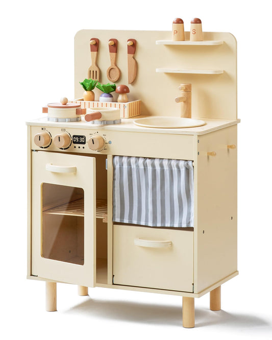 Leeshyah wooden play kitchen with swivel faucet inviting cooperative pretend play