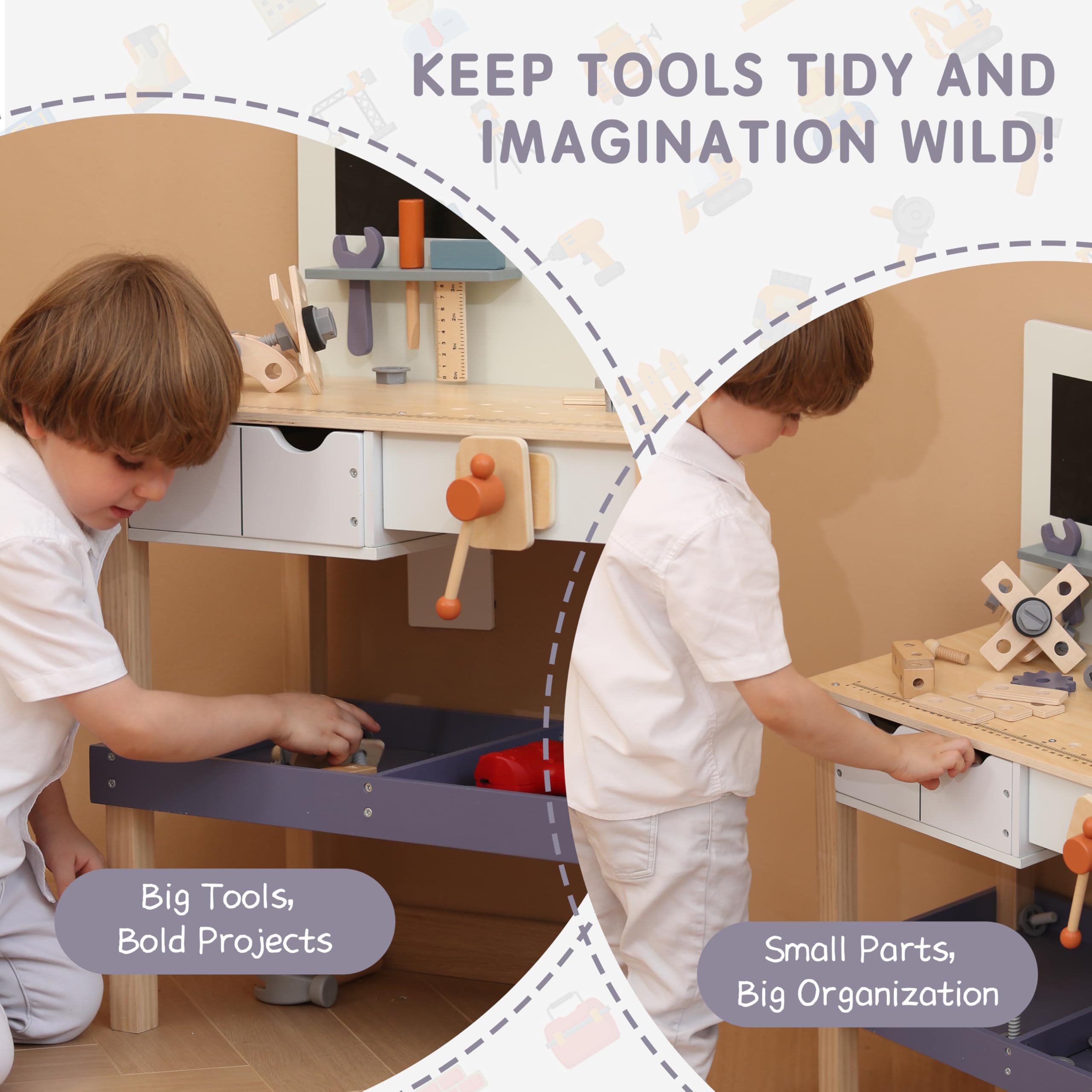 Leeshyah wooden workbench platform offers spacious space for creative projects and tools.