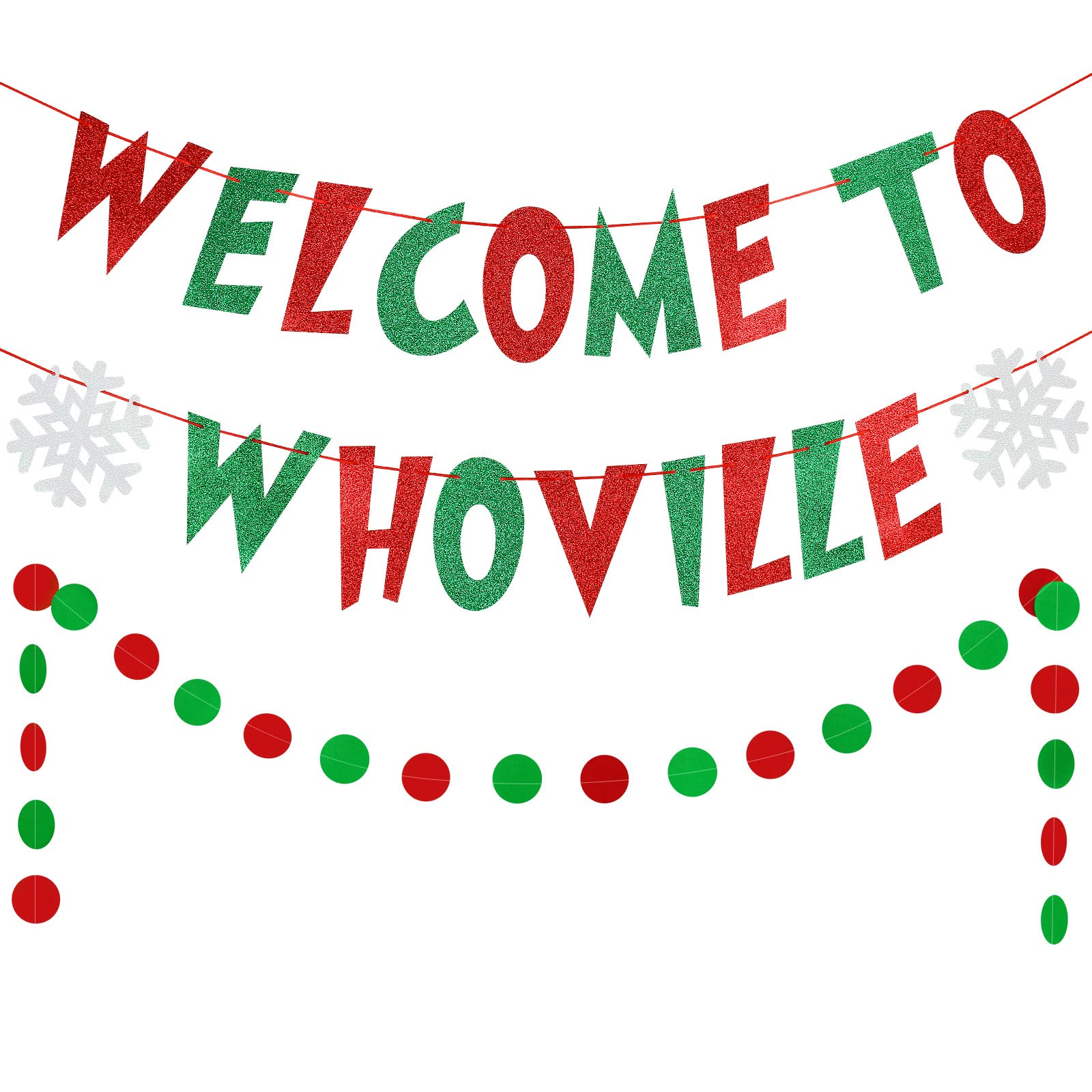 LeeSky Welcome To Whoville banner in red green glitter for festive decor