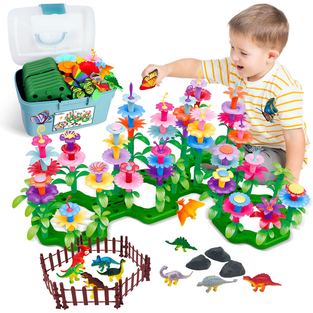 Leetous dinosaur flower garden assembly shows colorful blocks for creative play.