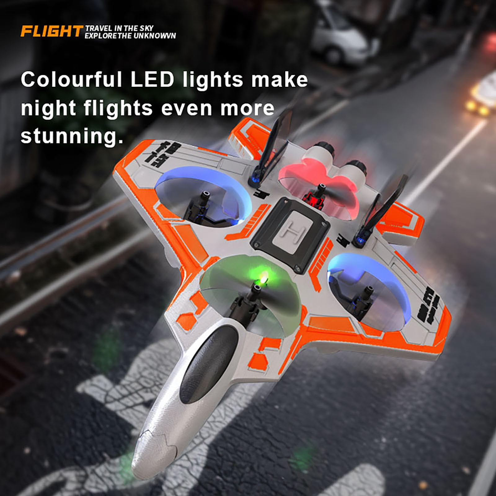LEFEI night-light RC drone with colorful LEDs for dusk flights and visibility.