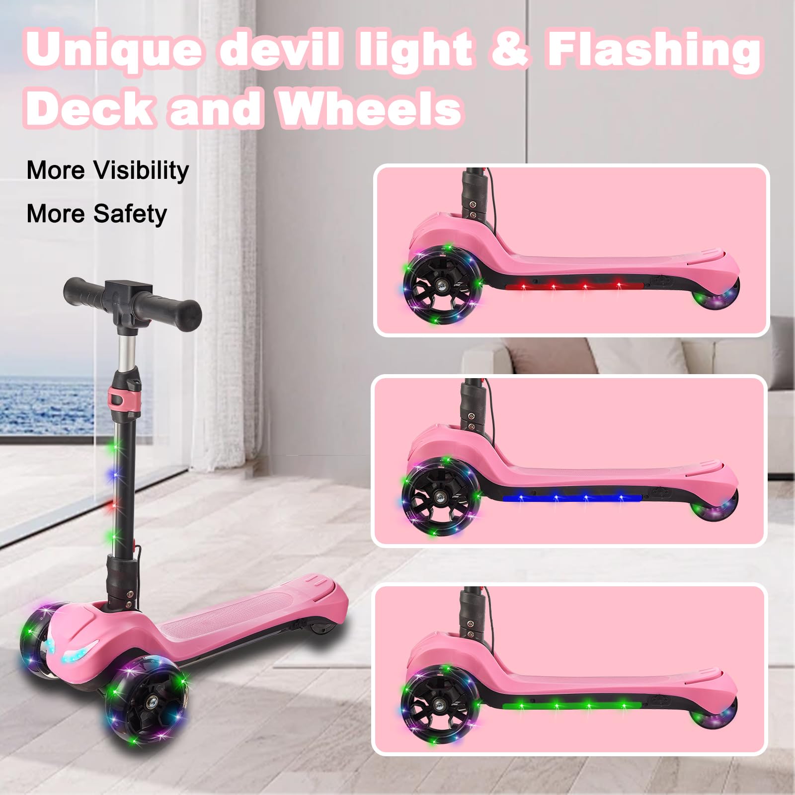 LEFELWEL scooter with rainbow lights enhances visibility during family park rides.