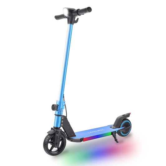 LEFELWEL kids blue scooter, side view showing foldable frame and safety design