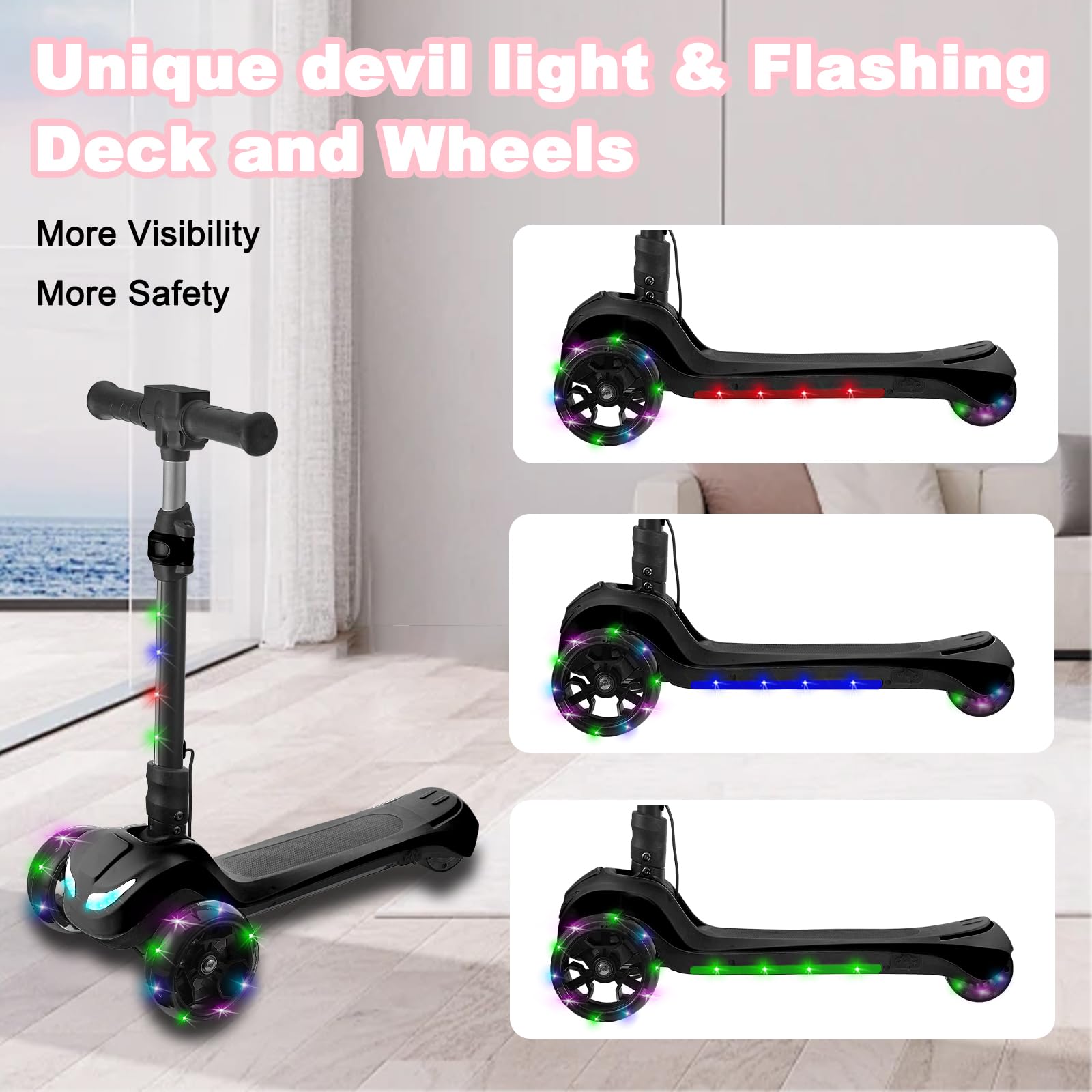 LEFELWEL kid scooter colorful lights boost visibility during evening play.