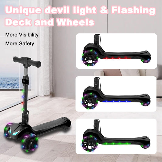LEFELWEL kid scooter colorful lights boost visibility during evening play.