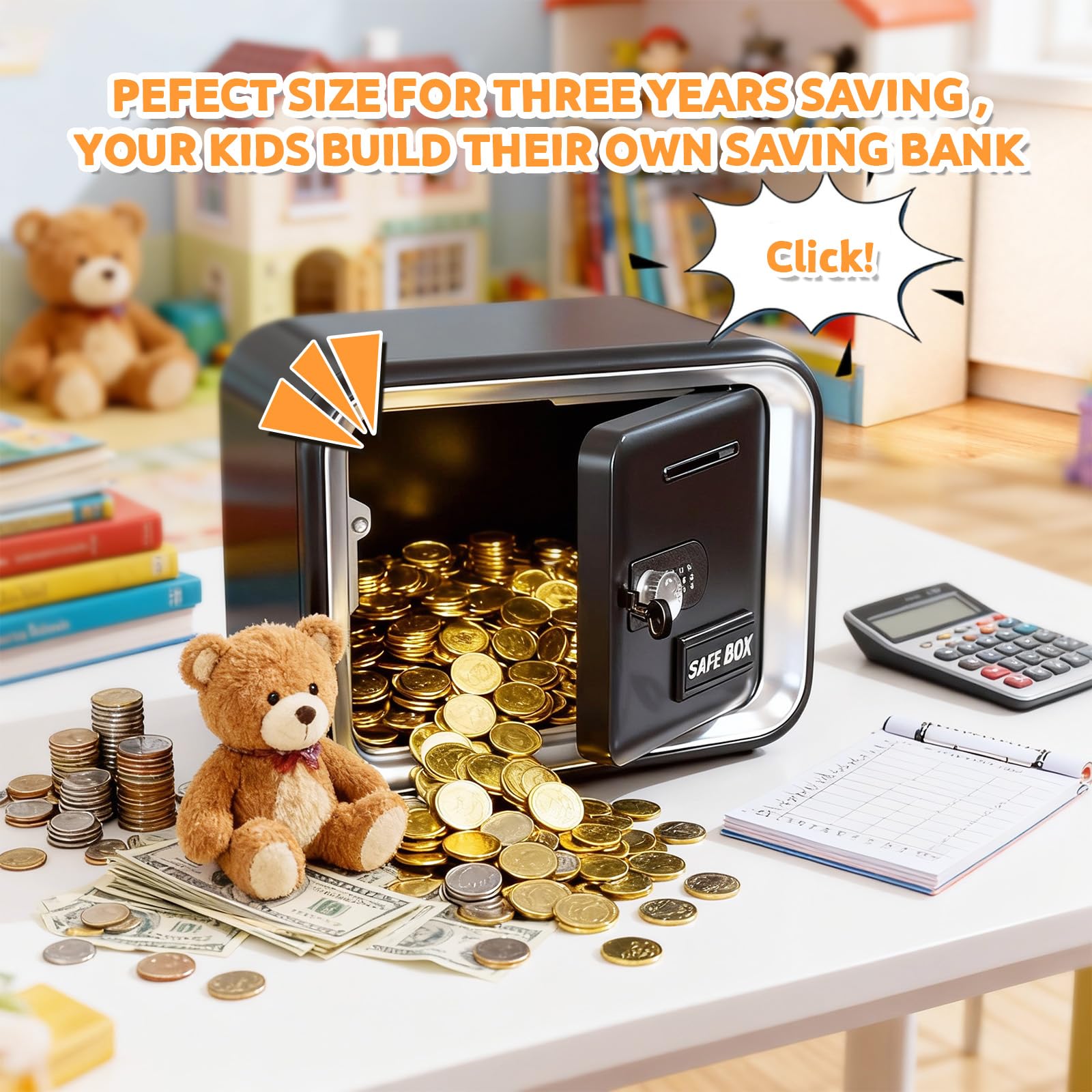 LEFREE piggy bank interior space shown with coins.