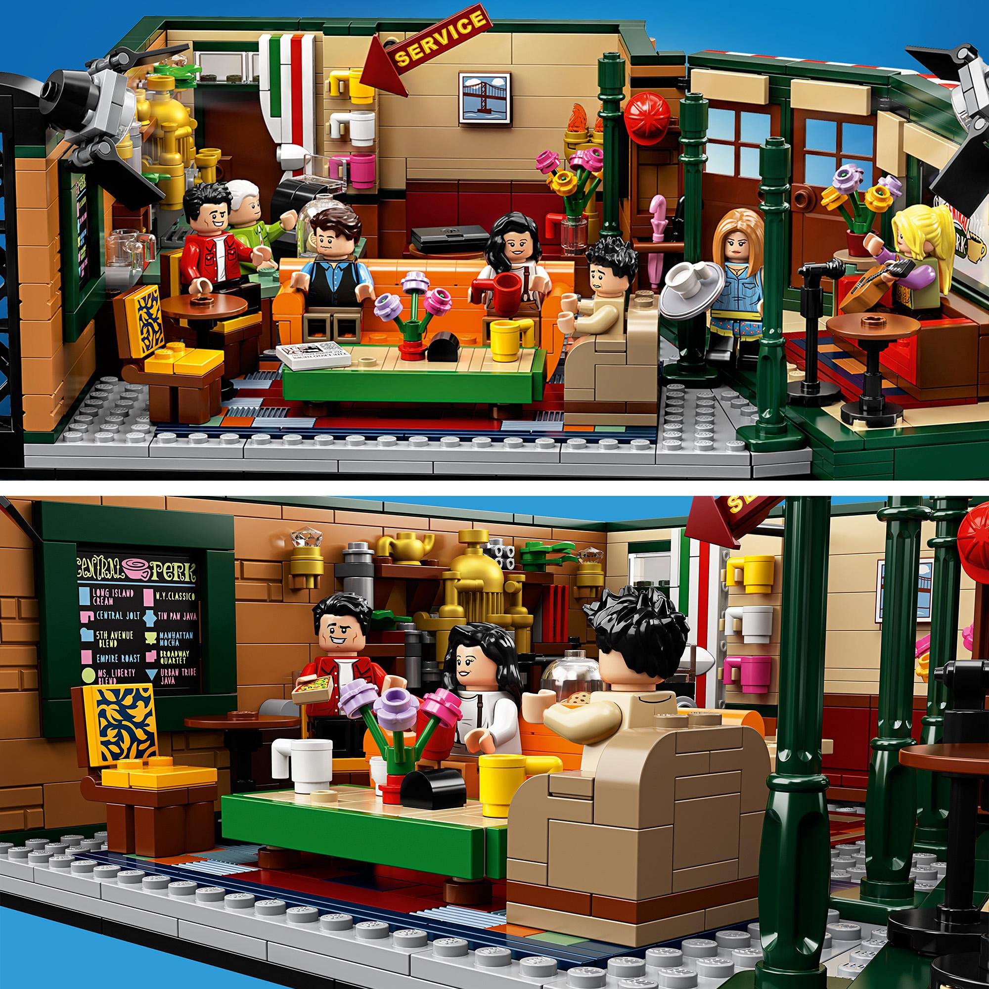 LEGO 21319 seven minifigures, capture iconic Friends characters in playful scenes.