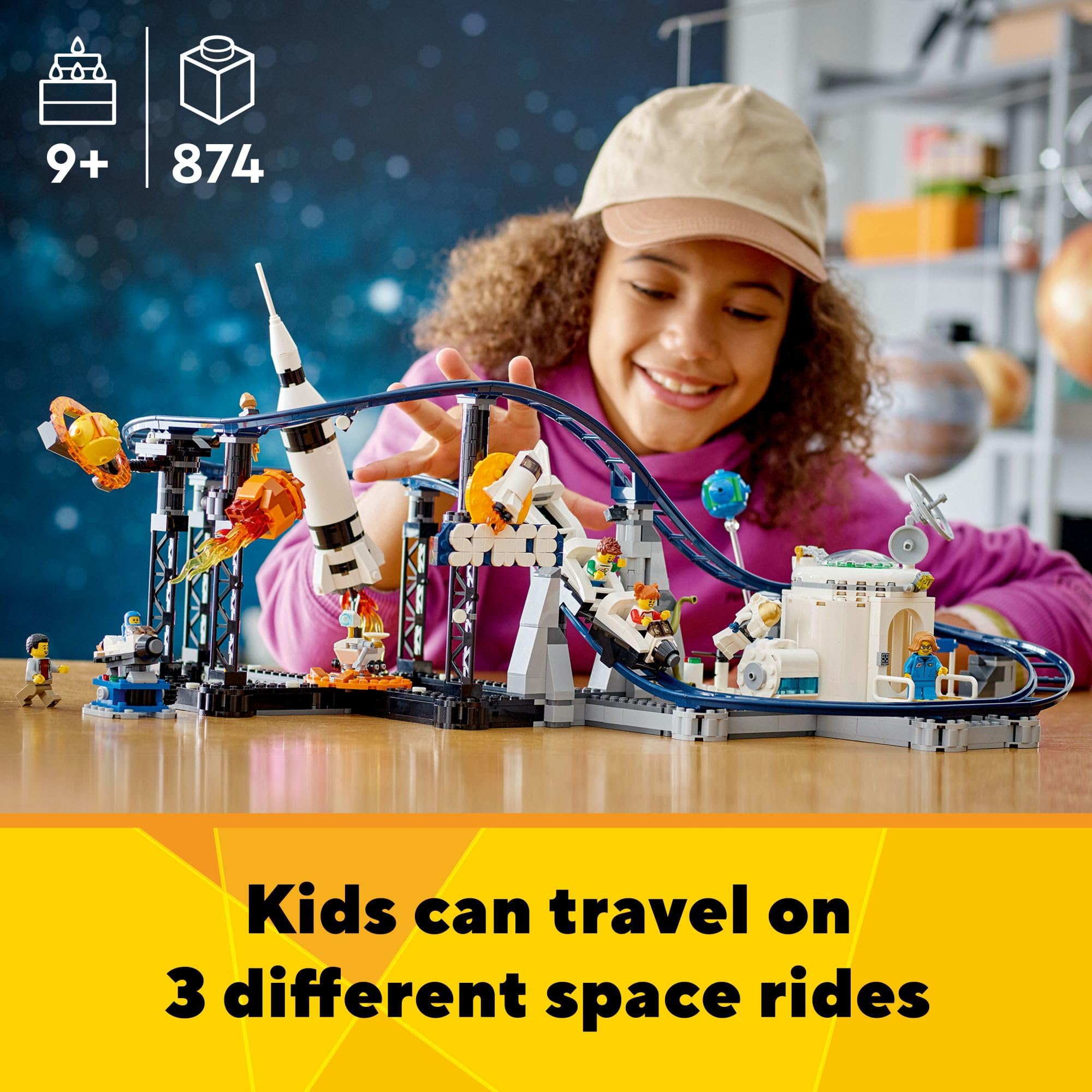 LEGO 31142 Space rocket with Saturn, Earth, and moon base decor for imaginative adventures.