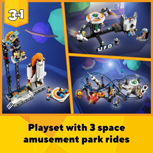 LEGO 31142 Roller coaster carts zoom along a space-themed track for dynamic fun.