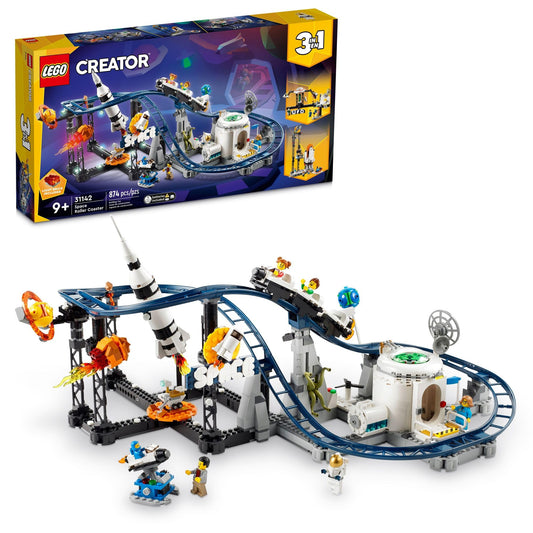 LEGO 31142 Space Roller Coaster track and carts for action-filled space play.