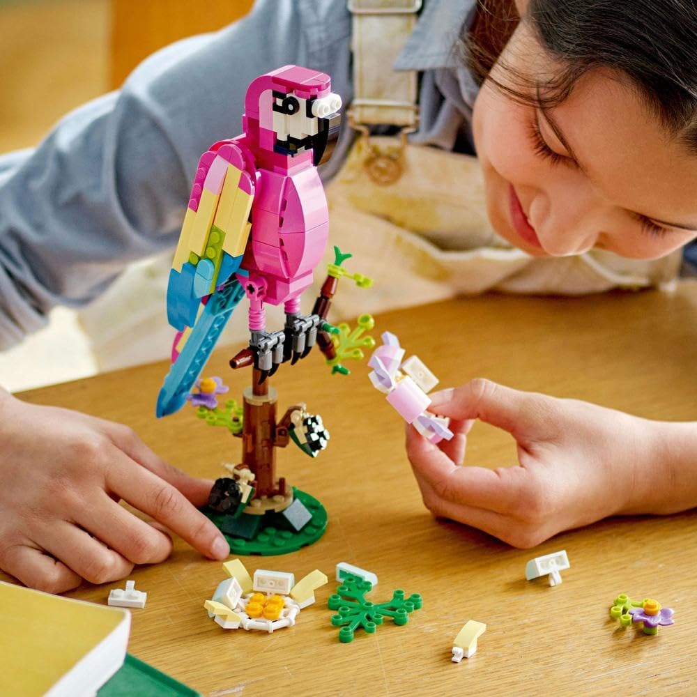 LEGO 31144 Exotic Pink Parrot perched in a tree sparks storytelling