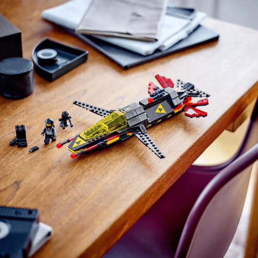 LEGO Blacktron Cruiser side view highlights compact scale ideal for shelf display.